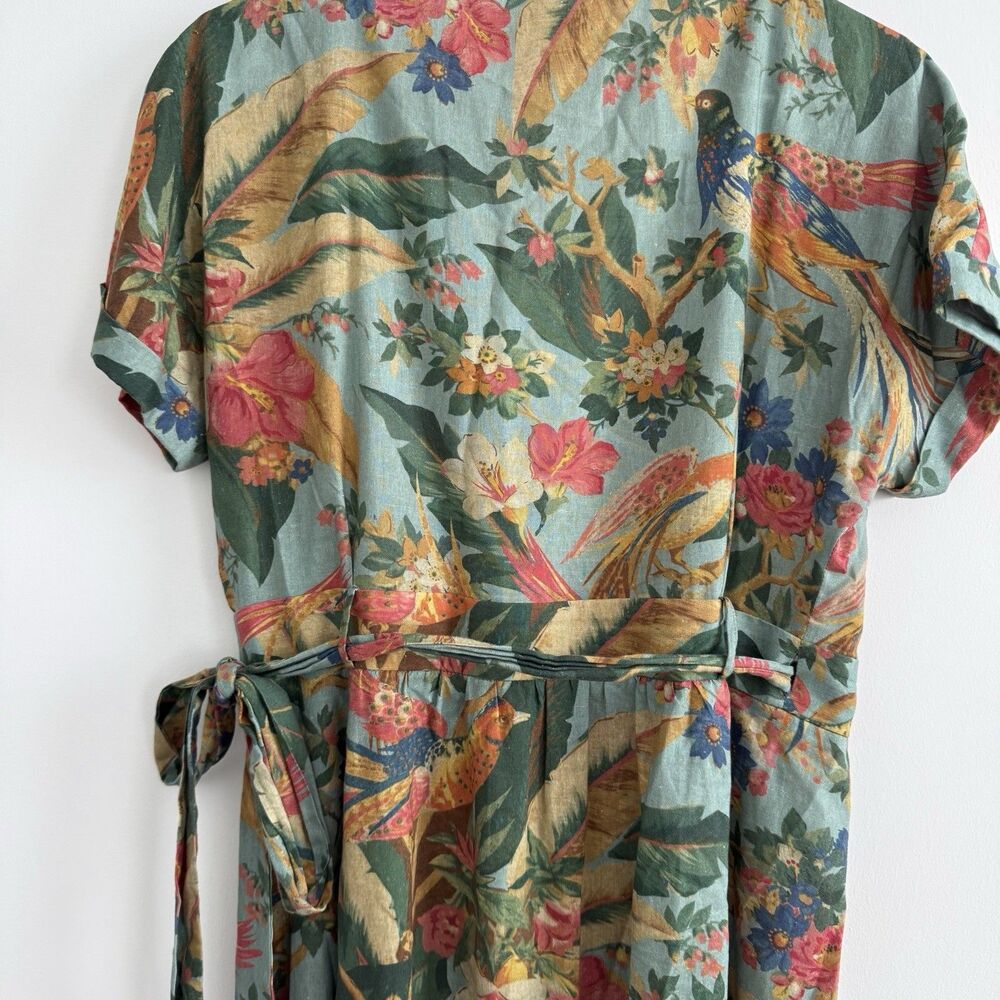 Sezane Tropical Floral Midi Wrap Dress Linen Hawaiian Birds Sz 40 (US 8) Classic - Picture 12 of 12